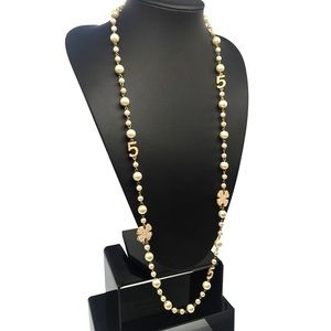Designer style Long pearl and #5 necklace